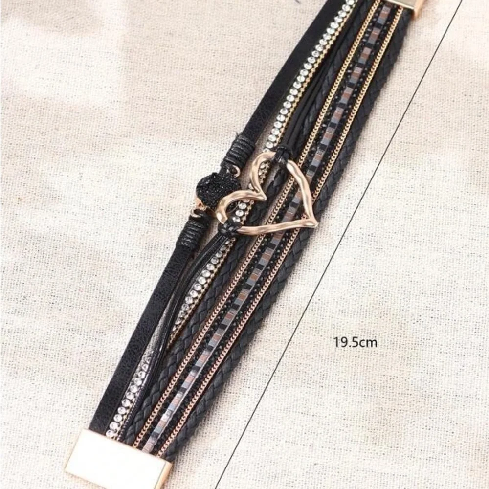 Black Rhinestone Druzy and. Heart Faux Leather Fashion Bracelet BR03 - Picture 3 of 3